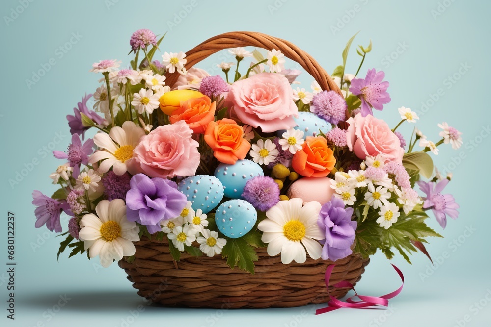 Obraz premium Charming Easter Basket with Eggs, Chocolates, and Flowers