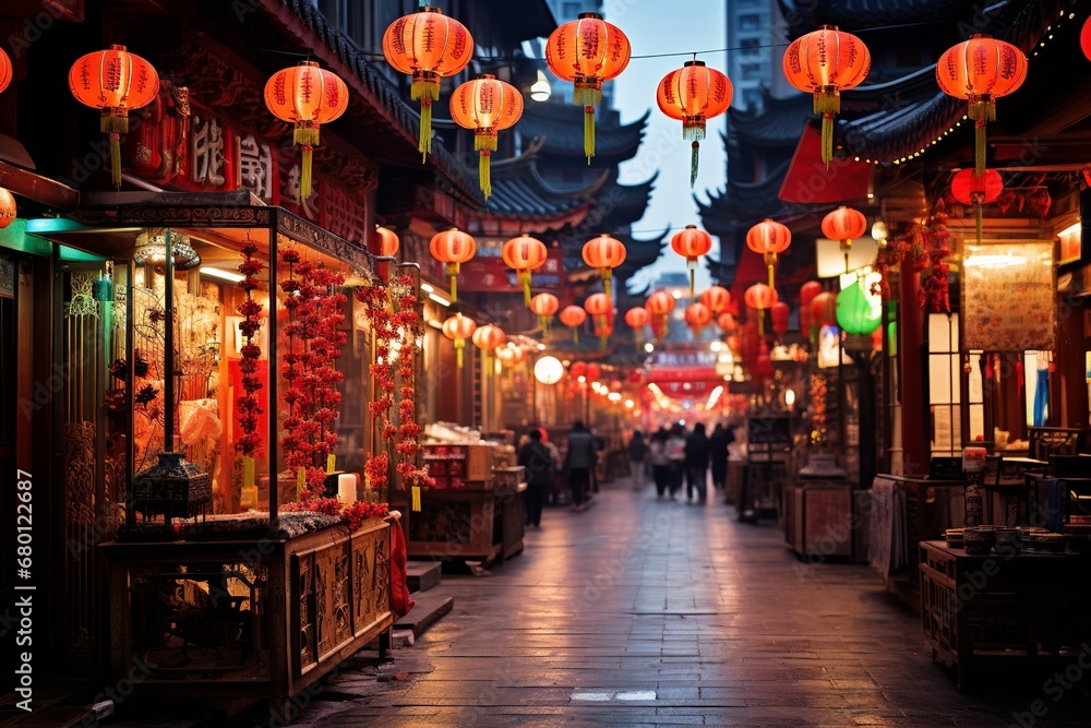 Fototapeta premium Festive Cultural Celebration: Lively Street Scene with Red Lanterns and Traditional Decorations