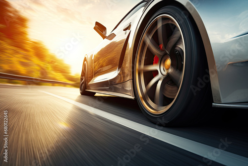 car driving on the road, Close-up of wheel of fast sports car on highway, high speed auto in motion blur,Close-up photos wheel sport © Planetz