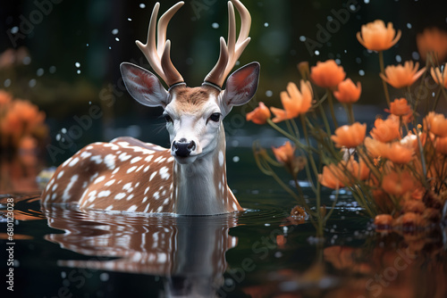 Natural deer in the lake in the deep forest woods, high resolution wallpaper, generative ai.