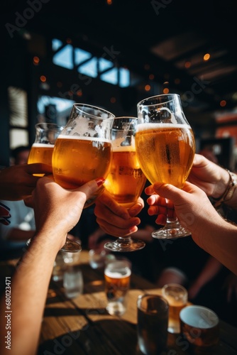 A group of friends clink glasses with beer