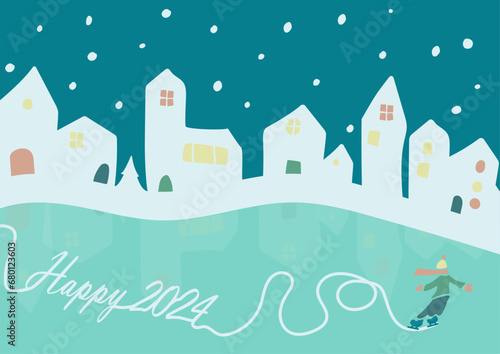 2024 new year greeting card. Snowy village scene with ice skate on christmas frozen lake