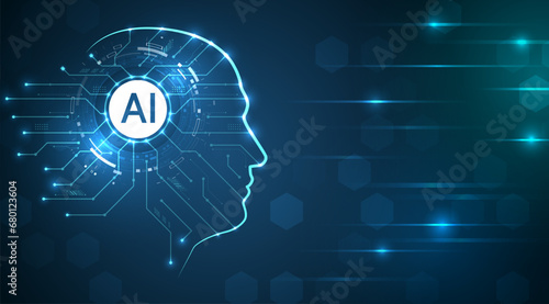 The abstract face of artificial intelligence. Digital brain, vector software digital code. Network interpretation. Head silhouette with particles on a dark blue background, data analysis, data science