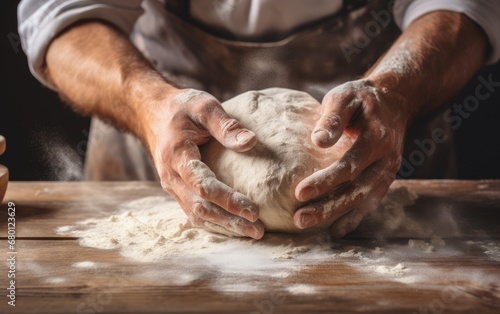 A baker's hands dusted with flour while kneading dough on a wooden surface