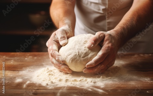 A baker's hands dusted with flour while kneading dough on a wooden surface