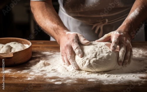 A baker's hands dusted with flour while kneading dough on a wooden surface