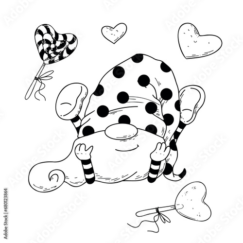 Fototapeta Naklejka Na Ścianę i Meble -  Vector illustration of cartoon gnome for Valentines day in doodle style