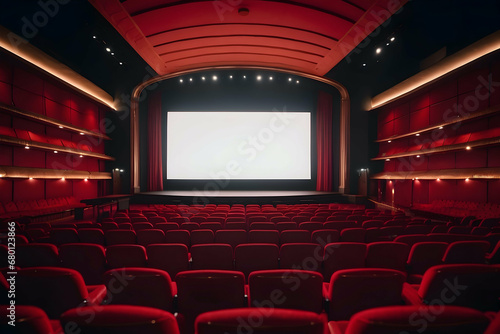 cinema theater auditorium with red empty chairs