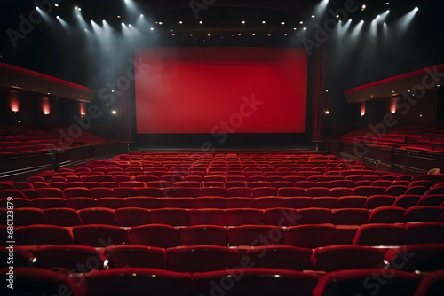 cinema theater auditorium with red empty chairs photo