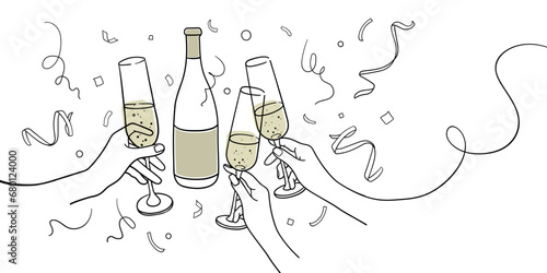 Continuous line yellow champagne cheers one line art, continuous drawing contour on white background. 3 Wine glasses with drinks. Cheers toast festive decoration for holidays. Vector illustration