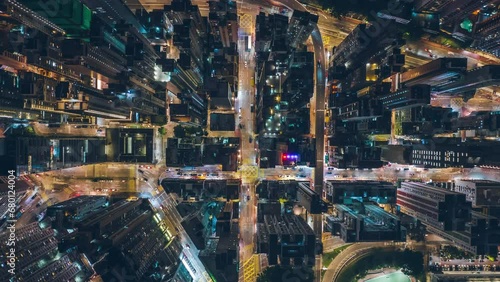 Top View Hyperlapse of Traffic in Hong Kong City, Aerial view city streets at night, Establishing shot for Innovation technology and transportation Concept