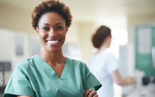female nurse wearing light green scrubs smiling  photo