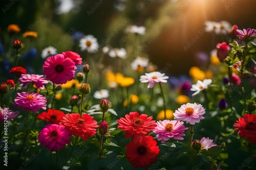 Illustrate the natural splendor of flowers with an HD photograph, displaying a garden abloom with an array of vibrant and delicate blossoms, each adding to the vibrant tapestry of nature's artistry,