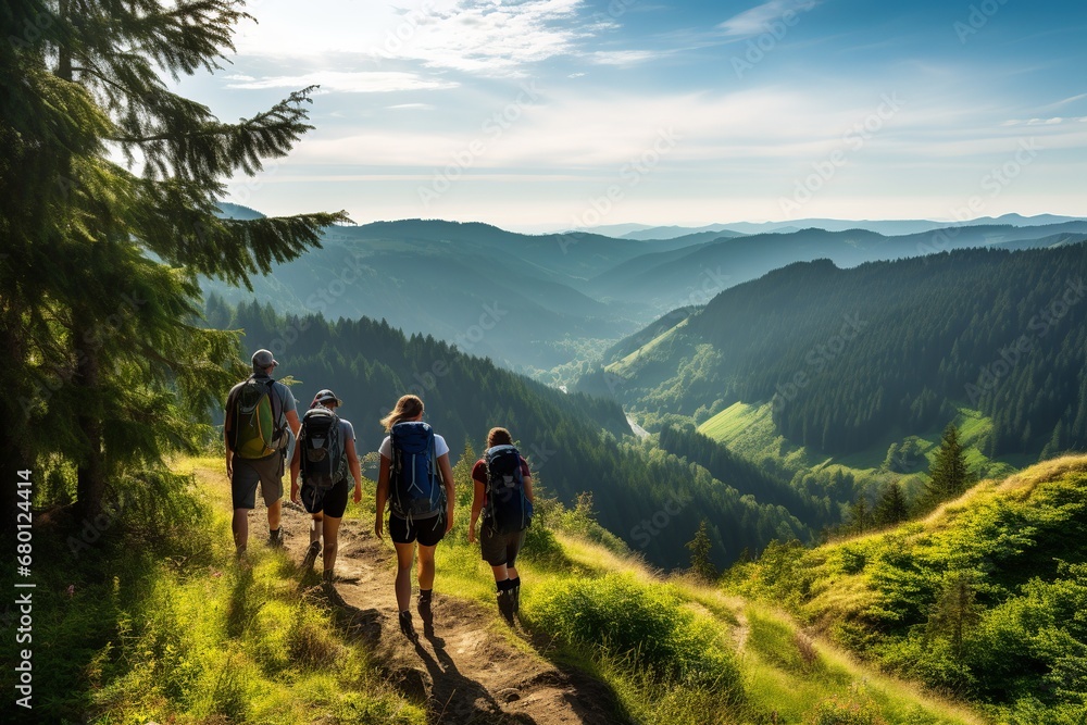 Hikers Exploring Mountain Trails at Sunrise

