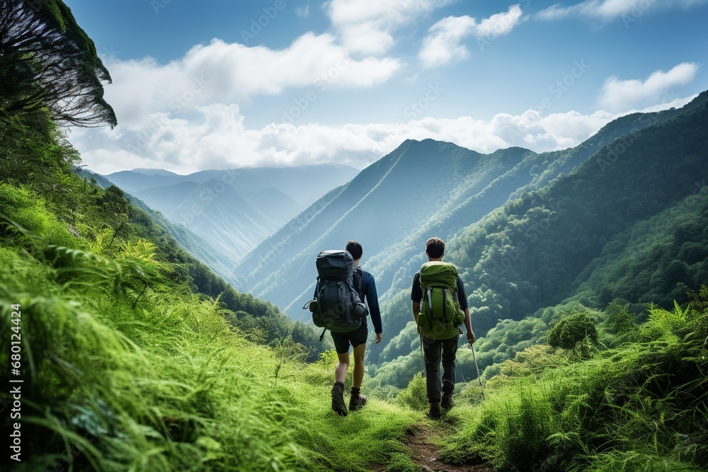 Hikers Exploring Mountain Trails at Sunrise

