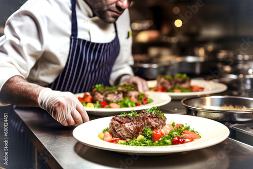 A chef wearing gloves decorates and garnishes a steak with a vegetable garnish