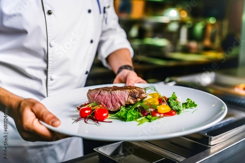A chef holds a plate with a decorated steak