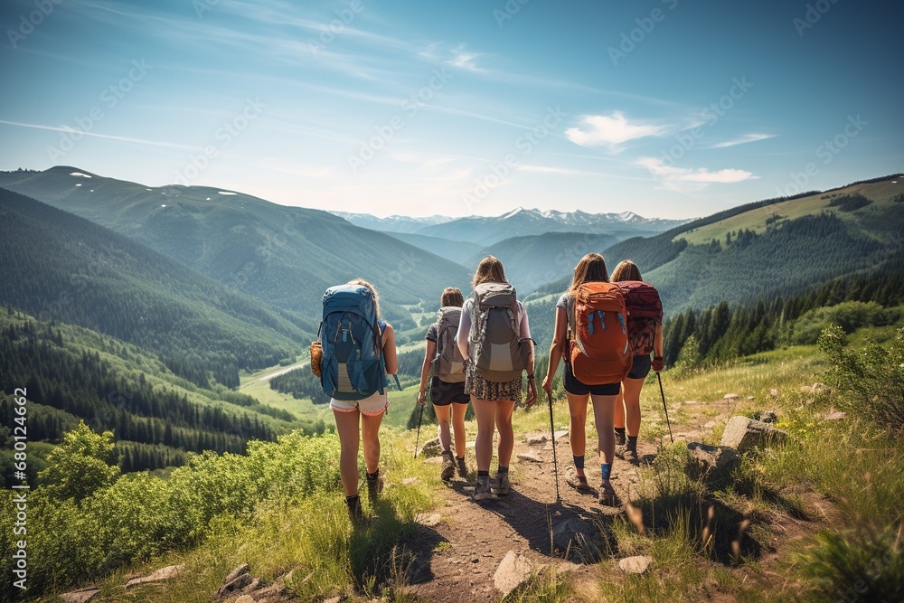 Fototapeta premium Hikers Exploring Mountain Trails at Sunrise
