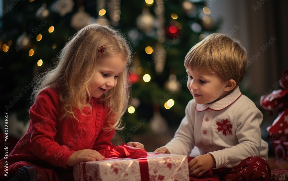 Photography of a little brother and sister looking at gifts under the tree for the New Year, vibrant colors