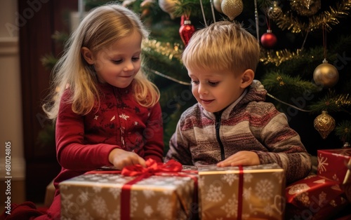 Photography of a little brother and sister looking at gifts under the tree for the New Year  vibrant colors