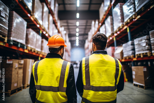 Two colleagues are discussing in industrial warehouse or storehouse with shelves full of goods, logistics, stock and inventory management concept.