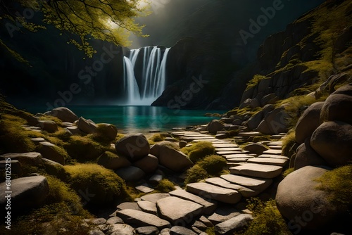 Craft a picturesque scene in high-definition imagery featuring stones nestled within a serene landscape, their presence adding depth and character to the natural environment,