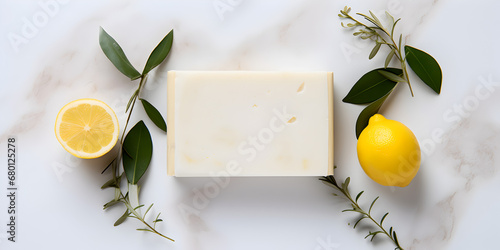 Top view of natural handmade soap with lemon oil on white marble background