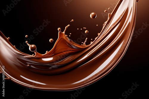 Melted chocolate splash, tasty chocolate wave floating in mid air isolated on dark background, close up shot, food background.