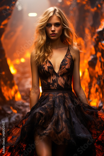 Blonde woman in short dress posing against erupting volcano.