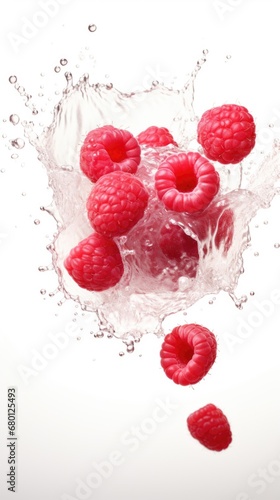 Some raspberries are falling into a bowl of water