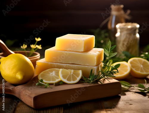 Natural handmade soap with lemon oil on wooden table  blurry background