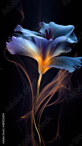 Blue lily flower on a black background. Digital painting.