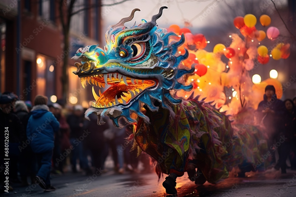 Vibrant Chinese Lion Dance Celebration - obrazy, fototapety, plakaty 