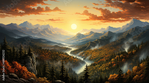 sunset in river the mountains, smoky mountains with forest and clouds, mountains fog. nature Vector illustration
