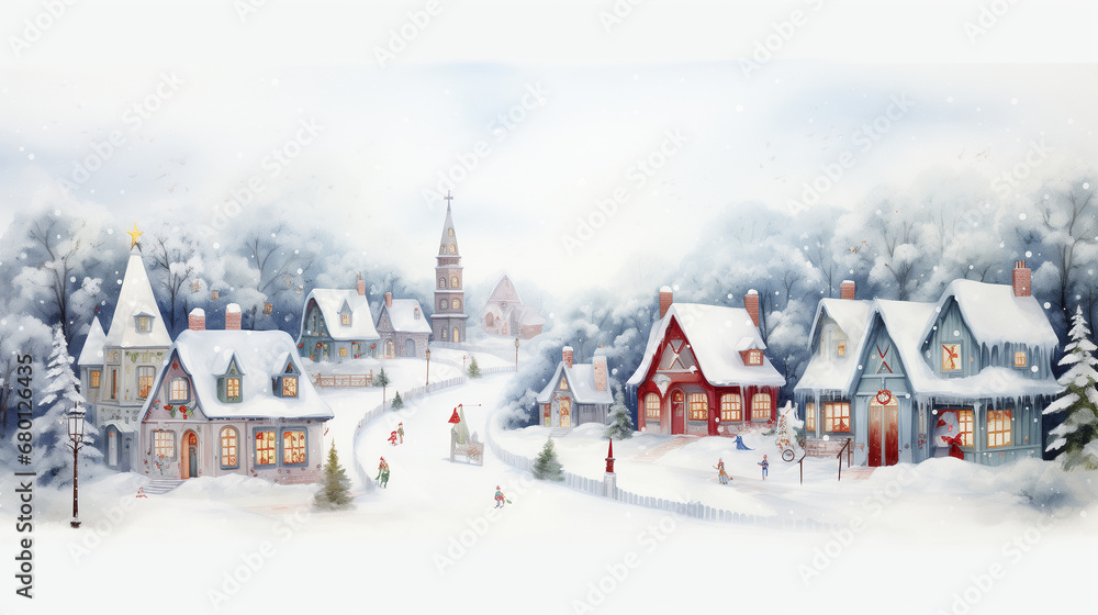 Hand drawn watercolor painting of winter old european town. Landscape painting with buildings, houses, snowfield, peoples for illustration, digital print, background.