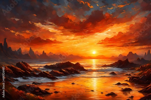 A detailed HD image portraying the majestic allure of a sunset, casting a golden glow across the sky as the sun dips below the horizon, painting the heavens in a mesmerizing display,