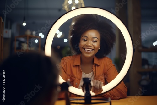 black female woman vlog influencer blogger lives steaming conversation in studio with lighting equipment and camera tool with ring light smiling cheerful freshness moment woman conversation to camera photo