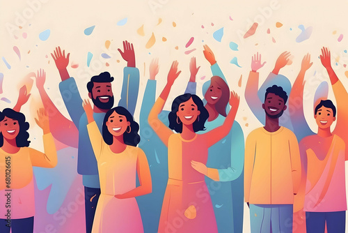 illustration of happy people with hands up in festival