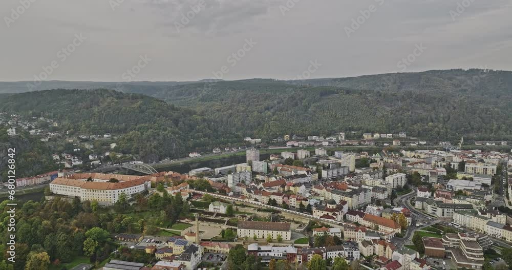 Decin Czechia Aerial v3 drone flyover Park Na Marianske Louce capturing landmark castle by the riverbank of Elbe river, downtown cityscape and hillside views - Shot with Mavic 3 Cine - November 2022 Decin Czechia Aerial v3 drone flyover Park Na Marianske Louce capturing landmark castle by the riverbank of Elbe river, downtown cityscape and hillside views - Shot with Mavic 3 Cine - November 2022