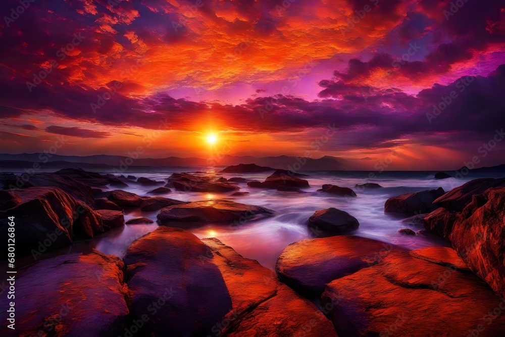 An HD image capturing the awe-inspiring grandeur of a majestic sunset, painting the sky with vibrant hues of orange and purple, evoking a breathtaking natural spectacle,