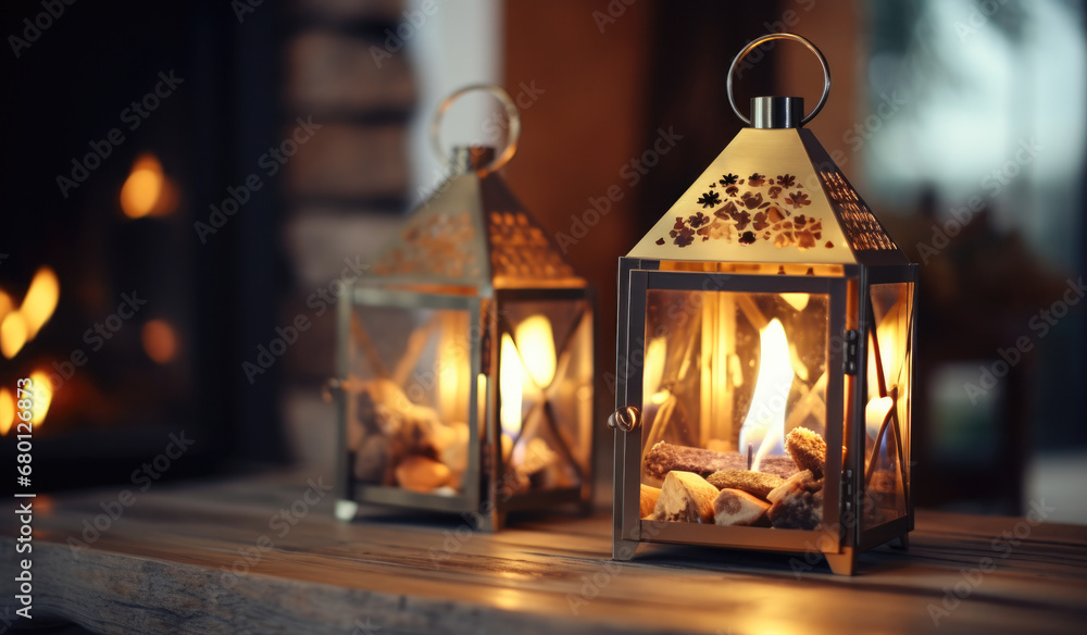 Two brass candle lanterns decorated with fire. Two brass candle lanterns decorated with fire.