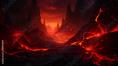 Seething hot volcano lava flowing on the ground. Hellish landscape