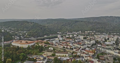 Decin Czechia Aerial v3 drone flyover Park Na Marianske Louce capturing landmark castle by the riverbank of Elbe river, downtown cityscape and hillside views - Shot with Mavic 3 Cine - November 2022 photo