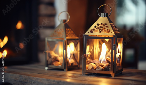 Two brass candle lanterns decorated with fire.