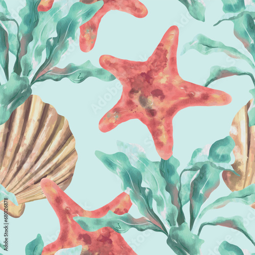 Starfish, shell and algae. Marine seamless pattern. Vector illustration. Watercolor style. Cards, covers, fabric, wrapping paper, wallpaper, textile.