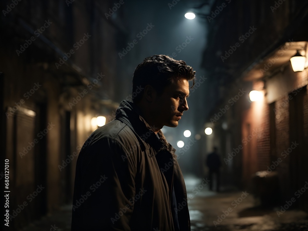 Naklejka premium Image from a man standing in a dark alley at night, evoking fear, suspense, thriller, and horror concepts.