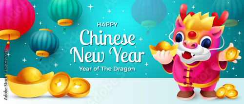 Year of the Dragon banner, cute dragon holding  golden ingots and coin vector design