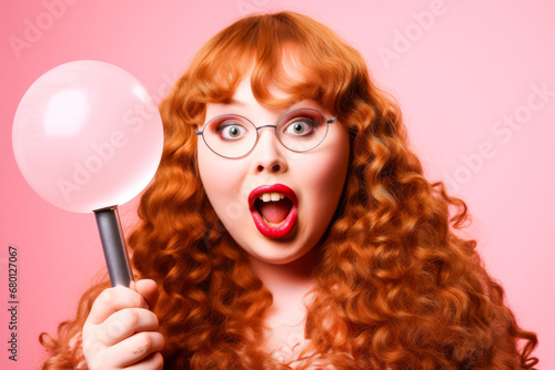 Cheerful obese woman with red hair holding giant lollipop on pink background.