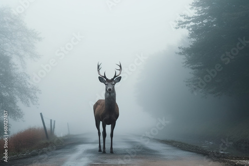Misty Morning Encounter Deer Standing on Road Near Forest. Caution for Road Hazards  Wildlife  and Safe Driving.