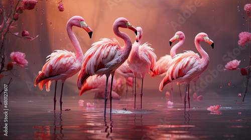 pink flamingos in the water, Cute Flamingos Birds © Planetz